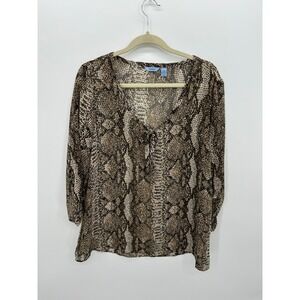 IZOD Womens XL Snakeskin Animal Print V-Neck Tie Blouse Brown 3/4 Sleeve Top